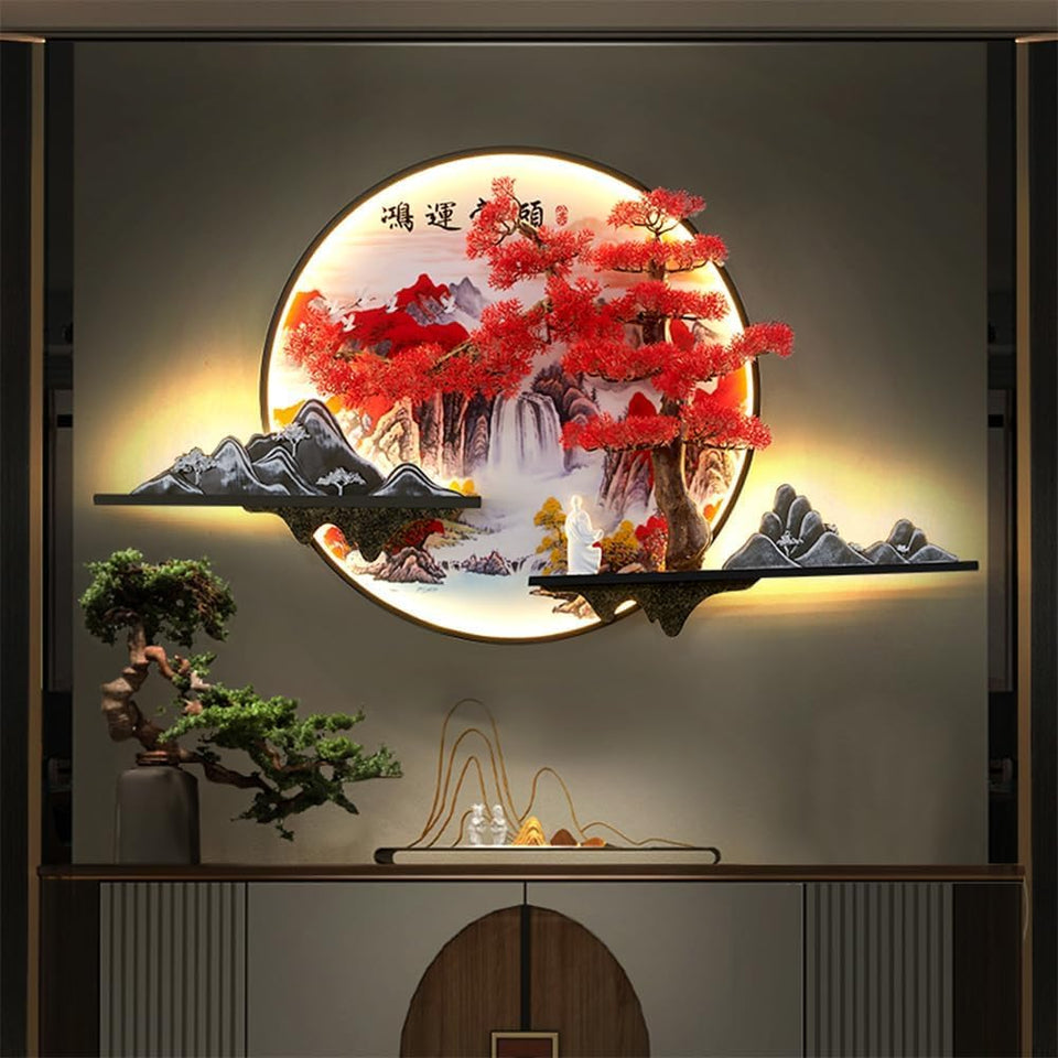 Modern Picture Wall Light LED Chinese Creative Landscape Pine Mural Lamp for Home Living Room Study Bedroom Decor (B D60cm 1PCS) [Energy Class A]