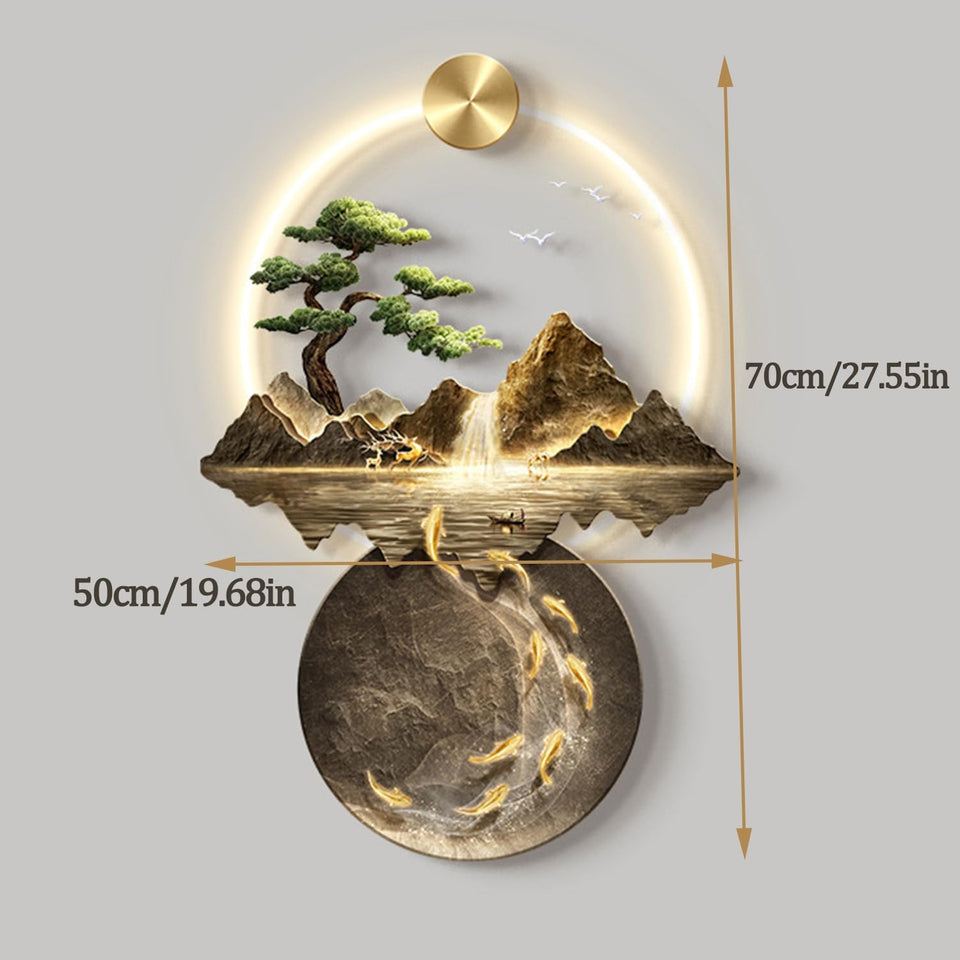 Bubinblau 3D Wall Painting with Light, Metal Wall-Mounted Sculpture, Luxury Mountain Water Tree Wall Decor, Oriental Decor Landscape Hanging Paintings,A,50x70cm [Energy Class A]