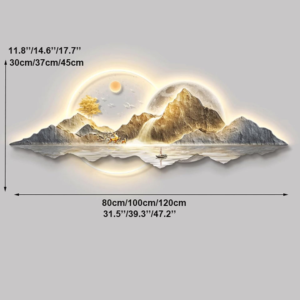 UPJAKS Landscape 3D Wall Art Decor with LED Light Sun and Moon 3D Wall Painting with Remote Control Illuminated Wall Sculpture Mural with Mountain & deer for Living Room