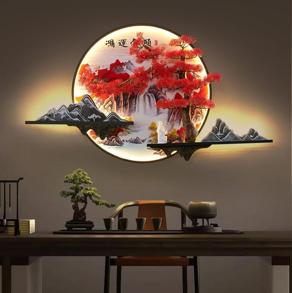 Modern Picture Wall Light LED Chinese Creative Landscape Pine Mural Lamp for Home Living Room Study Bedroom Decor (B D60cm 1PCS) [Energy Class A]