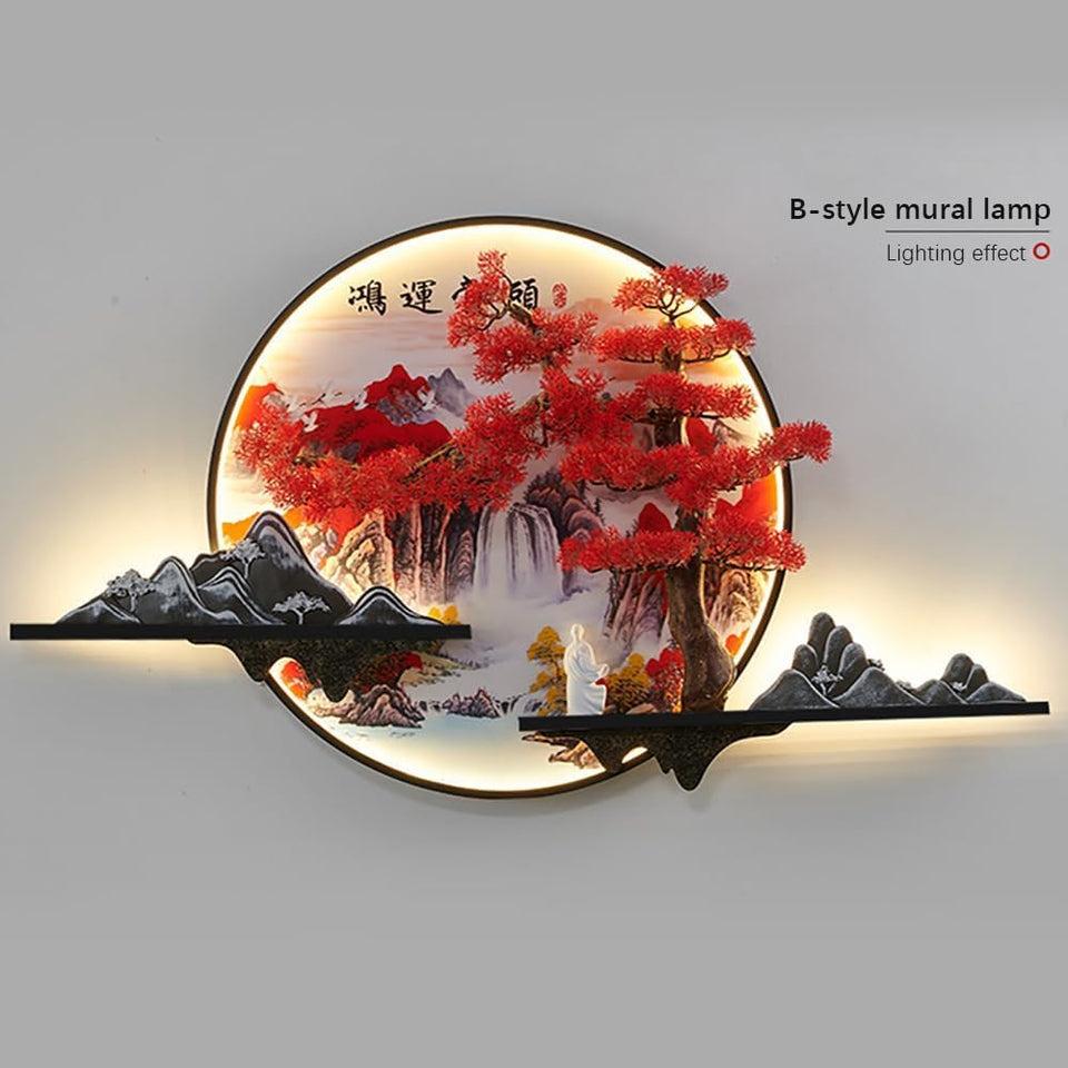 Modern Picture Wall Light LED Chinese Creative Landscape Pine Mural Lamp for Home Living Room Study Bedroom Decor (B D60cm 1PCS) [Energy Class A]