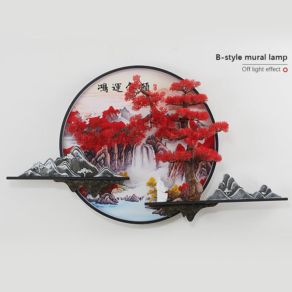 Modern Picture Wall Light LED Chinese Creative Landscape Pine Mural Lamp for Home Living Room Study Bedroom Decor (B D60cm 1PCS) [Energy Class A]