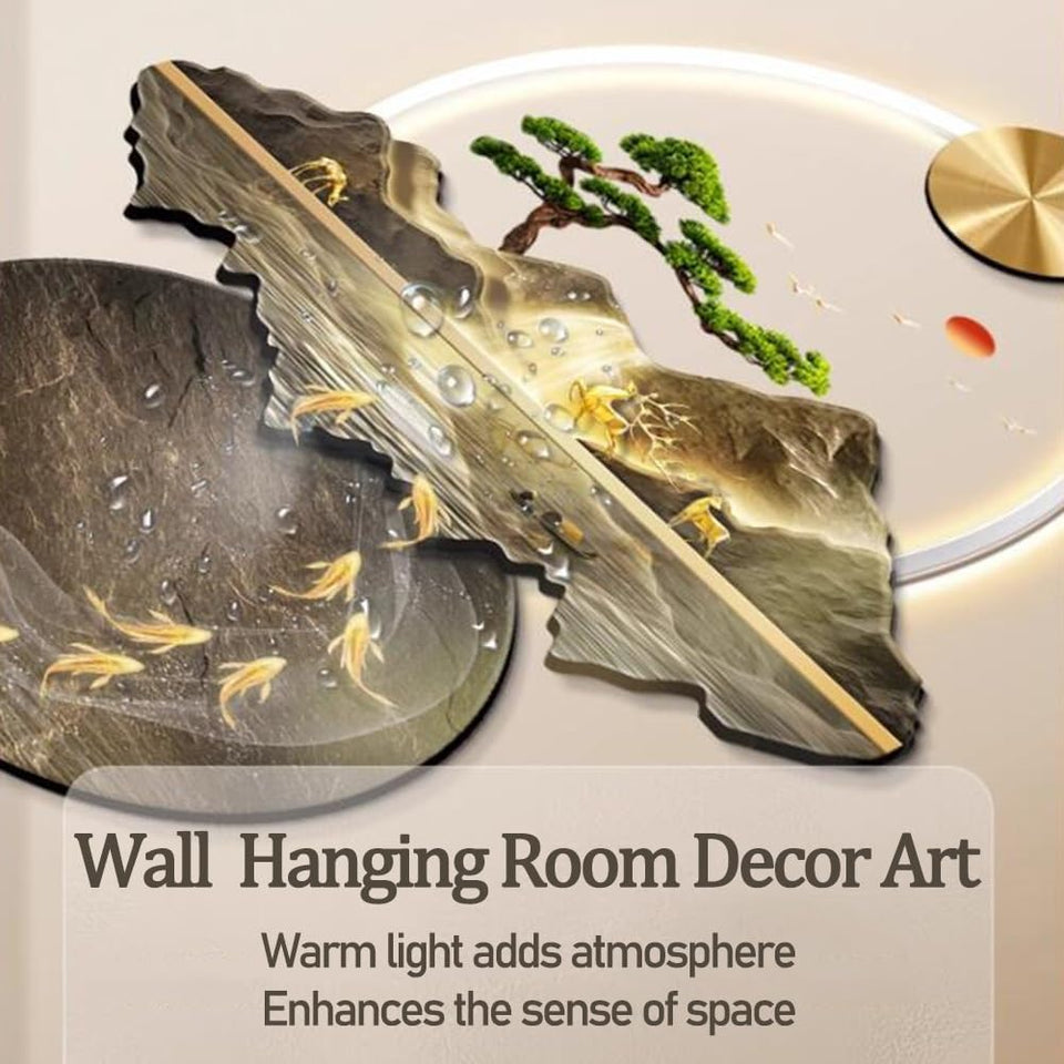 Bubinblau 3D Wall Painting with Light, Metal Wall-Mounted Sculpture, Luxury Mountain Water Tree Wall Decor, Oriental Decor Landscape Hanging Paintings,A,50x70cm [Energy Class A]