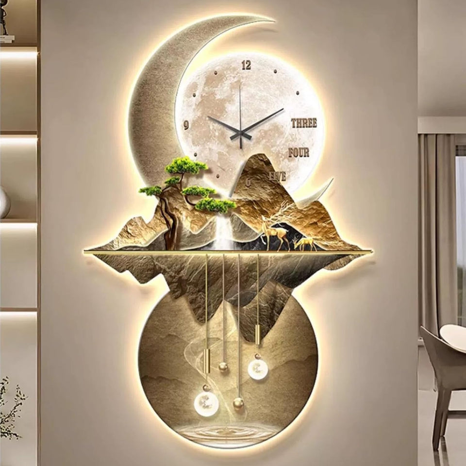 Chinese Koi Fish Wall Hanging Painting with Led Light - 3D Metal Wall Sculptures for Home Oriental Decor, Traditional Wall Art Clock