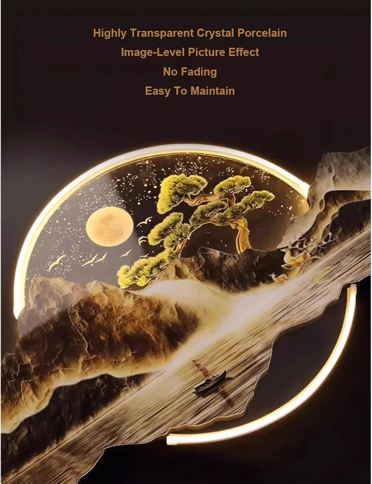 UPJAKS Landscape 3D Wall Art Decor with LED Light Sun and Moon 3D Wall Painting with Remote Control Illuminated Wall Sculpture Mural with Mountain & deer for Living Room