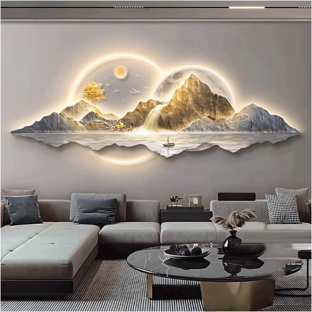UPJAKS Landscape 3D Wall Art Decor with LED Light Sun and Moon 3D Wall Painting with Remote Control Illuminated Wall Sculpture Mural with Mountain & deer for Living Room