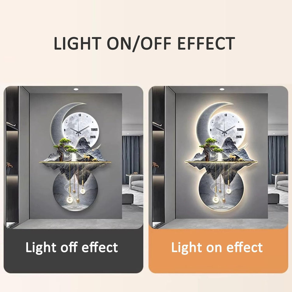 Chinese Koi Fish Wall Hanging Painting with Led Light - 3D Metal Wall Sculptures for Home Oriental Decor, Traditional Wall Art Clock