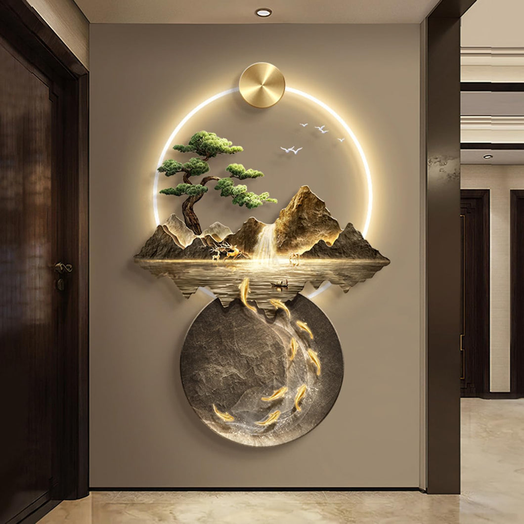 Bubinblau 3D Wall Painting with Light, Metal Wall-Mounted Sculpture, Luxury Mountain Water Tree Wall Decor, Oriental Decor Landscape Hanging Paintings,A,50x70cm [Energy Class A]