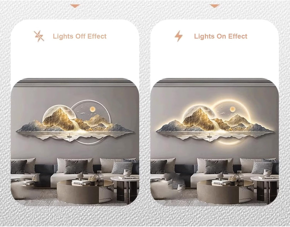 UPJAKS Landscape 3D Wall Art Decor with LED Light Sun and Moon 3D Wall Painting with Remote Control Illuminated Wall Sculpture Mural with Mountain & deer for Living Room