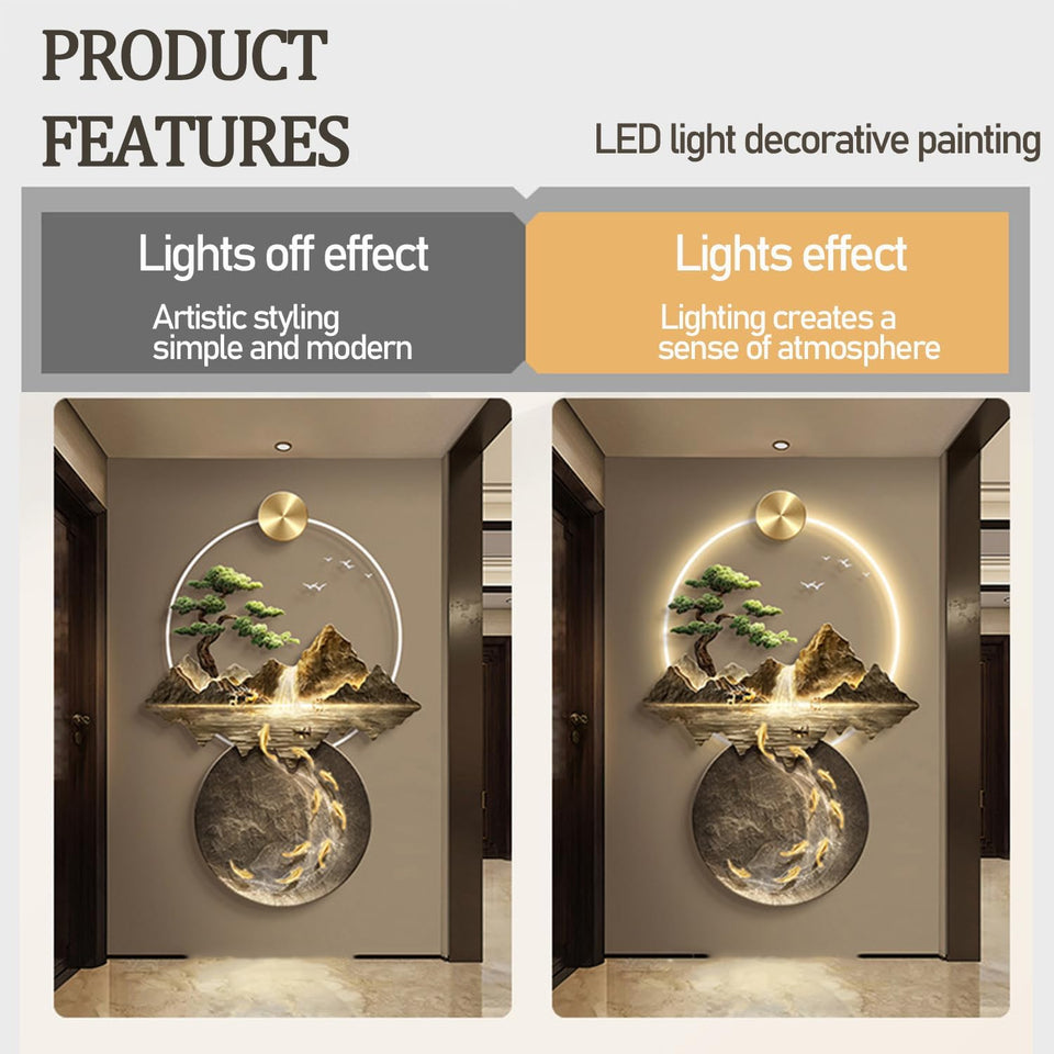 Bubinblau 3D Wall Painting with Light, Metal Wall-Mounted Sculpture, Luxury Mountain Water Tree Wall Decor, Oriental Decor Landscape Hanging Paintings,A,50x70cm [Energy Class A]