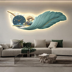 SYLUOQP Modern wall clock in feathers with LED light and clock, wall decoration in hand painted feathers for living room, bedroom,C,100 * 36CM [Energy Class A]